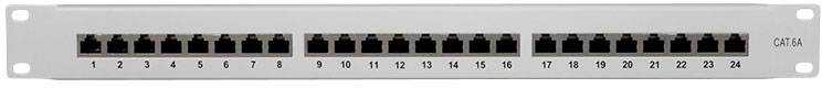 Patch panel s 24 ethernet priključki, oštevilčenimi od 1 do 24, nameščen v kovinskem ohišju.