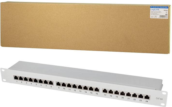 Patch panel s 24 ethernet priključki za CAT 6A, primeren za namestitev v omrežno omarico.