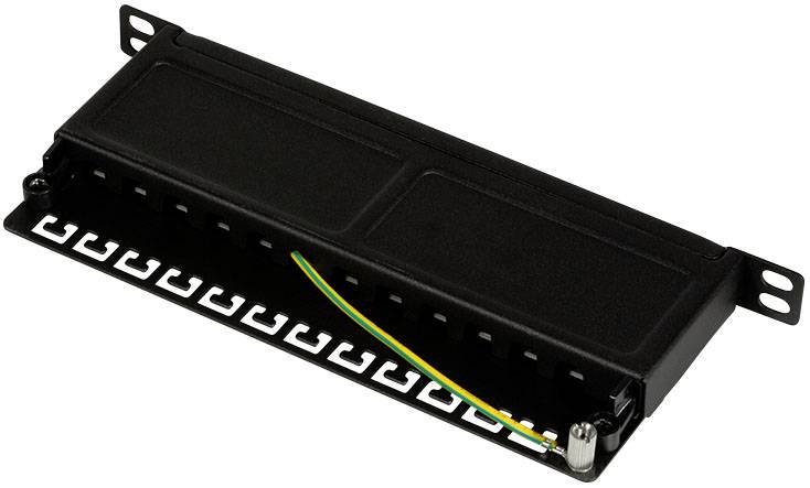 Kovinski 12-portni patch panel s črnimi čelnimi ploščami in upravljanjem kablov za omrežne namestitve.
