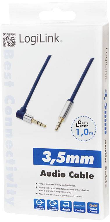 Embalaža avdio kabla 3,5 mm znamke LogiLink. Dolžina: 1,0 m. Besedilo oglašuje 'Najboljšo povezavo' in 'pozlačene kontakte'.