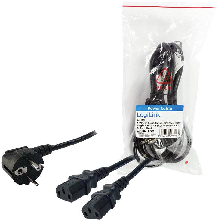 Električni kabel z nemškim Schuko vtičem in dvema IEC C13 vtičnicama. Embalaža prikazuje blagovno znamko LogiLink in model CP01.