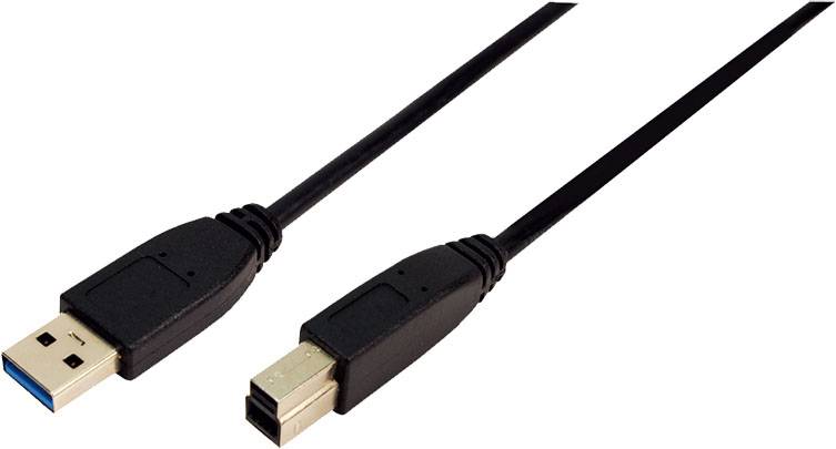 Črn USB kabel z USB-A vtičem na enem koncu in USB-B vtičem na drugem koncu, na belem ozadju.