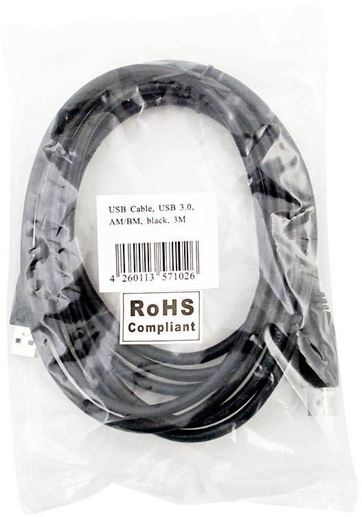 Črn USB 3.0 kabel, tip A/B, dolžine 3 metre, pakiran v prozorno plastično vrečko. Skladen z RoHS standardom.