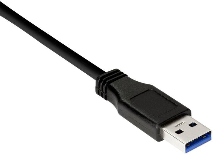Črn USB kabel z modrim USB-A priključkom, ki se uporablja za povezavo naprav z računalnikom.