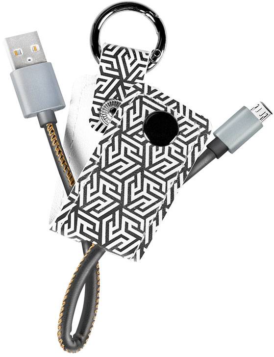 USB kabel z geometrijskim vzorcem, etuijem in obeskom za ključe. Dizajn je črno-bel, kabel ima sive priključke.