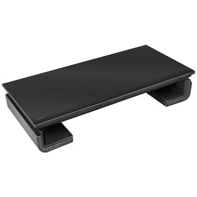 Črn prenosni stojalo Logitech z dvema USB priključkoma na levi strani. Zasnovan za ergonomsko optimizacijo delovnega prostora.