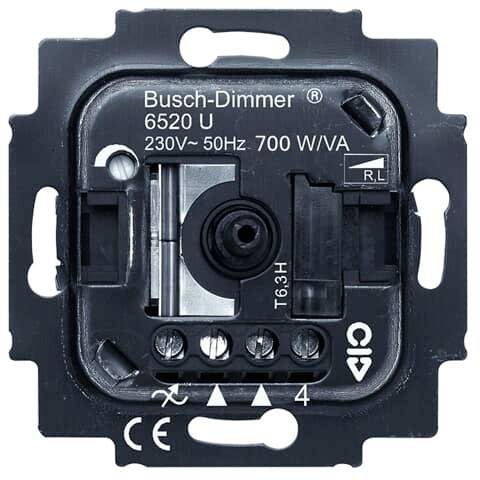 Črni vrtljivi zatemnjevalnik znamke Busch, model 6520 U, primeren za 230V, 50Hz, do 700W/VA, z priključnimi sponkami spodaj.