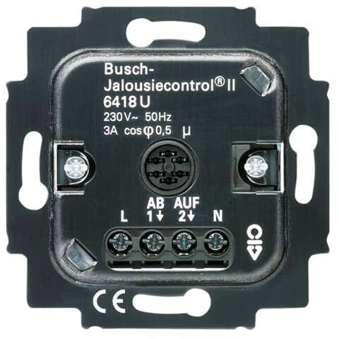 Jaluzijska krmilna enota Busch-Jalousiecontrol II 6418 U s specifikacijami: 230V, 50 Hz, 3 A. Oznaka CE spodaj levo.