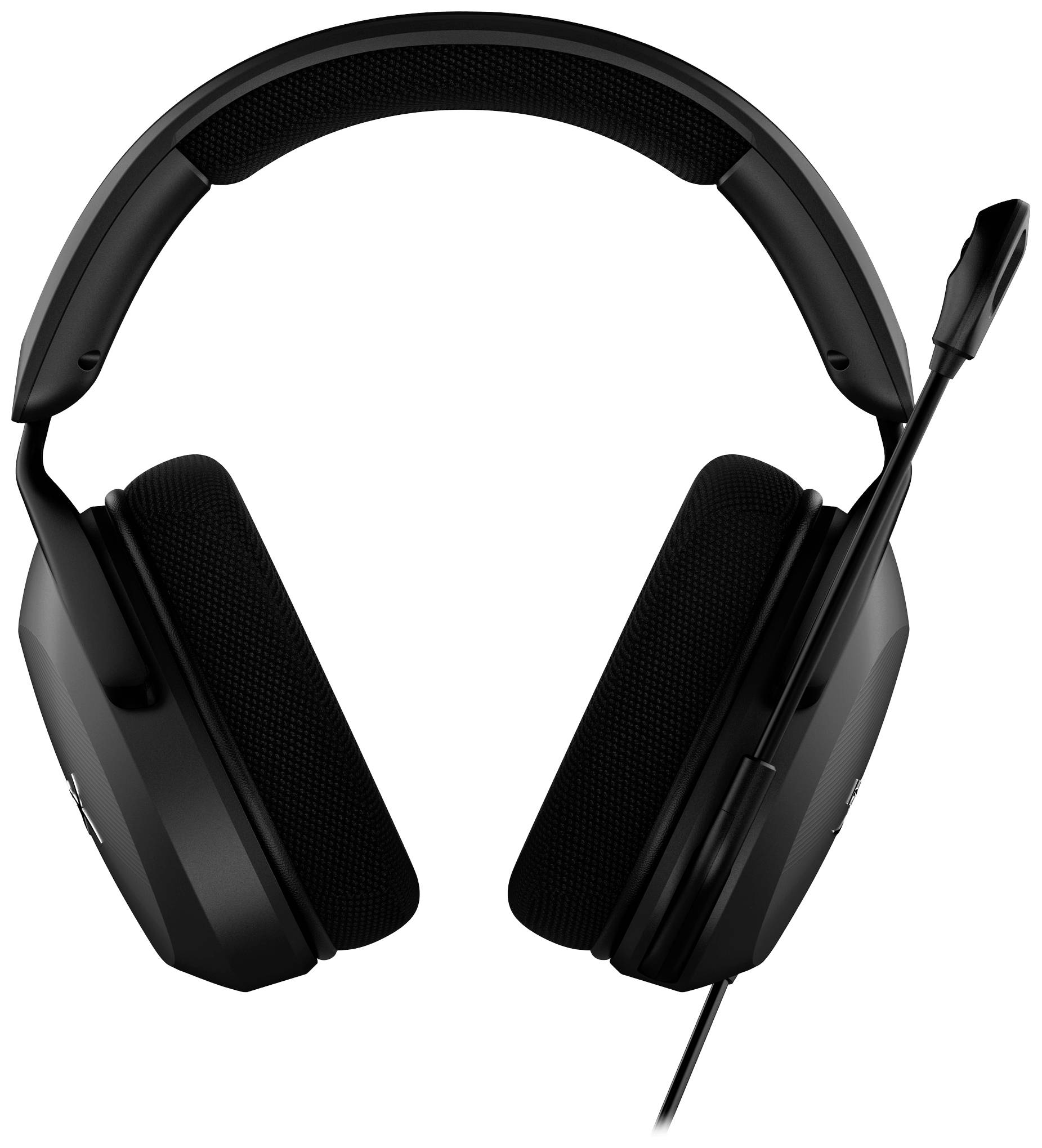 Črne over-ear slušalke z mikrofonom; oblazinjene ušesne blazinice, prilagodljiv mikrofonski rok. Idealne za igranje iger ali telefonske pogovore.