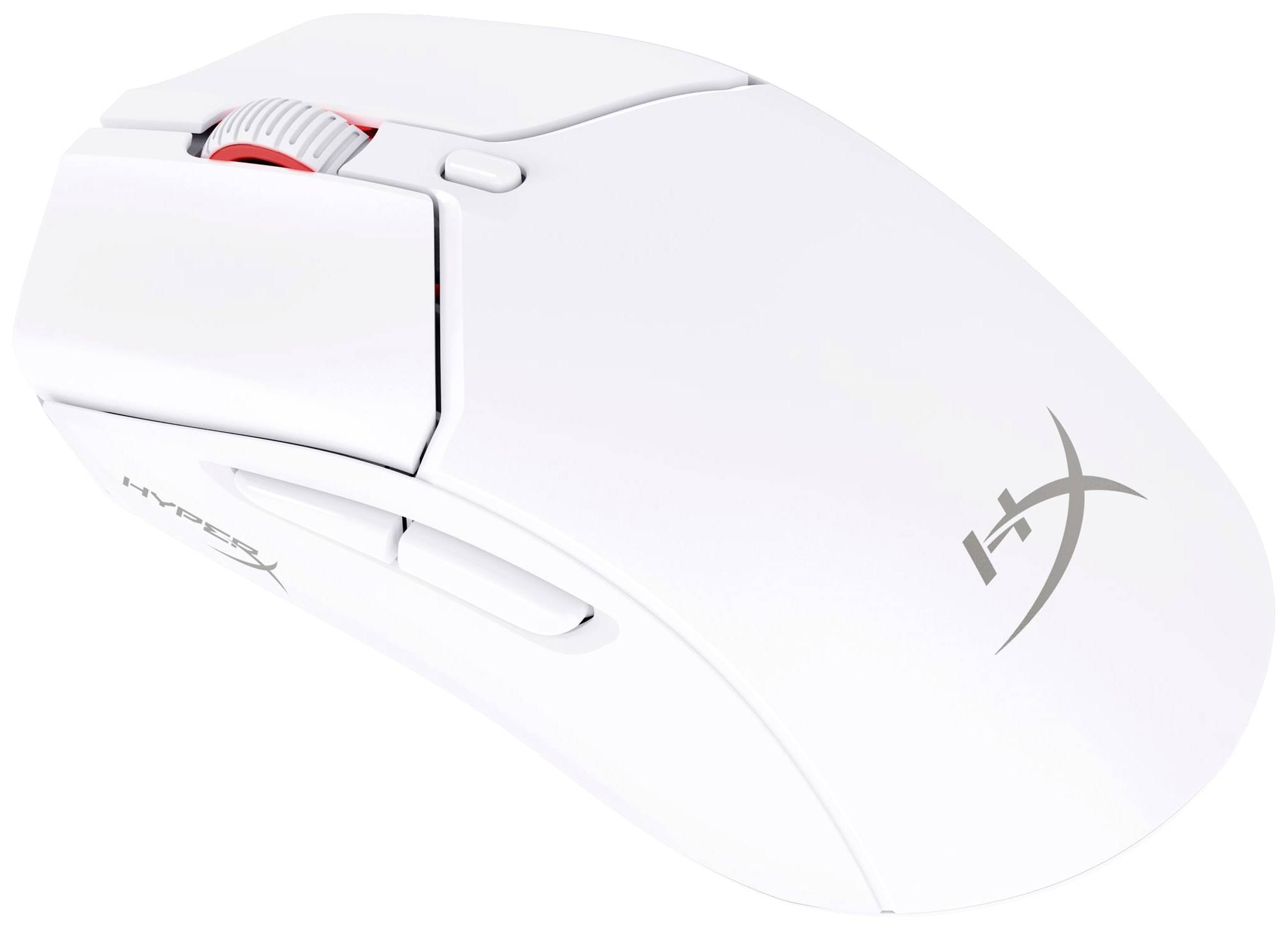 Bela, ergonomska gaming miška z logotipom 'HyperX', rdečimi poudarki in dvema stranskima gumboma.