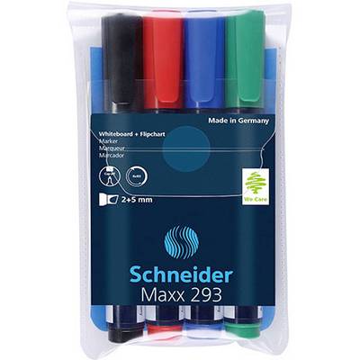 Štirje Schneider Maxx 293 marker v črni, rdeči, modri in zeleni barvi v prozorni embalaži, primerni za table in flipcharte.