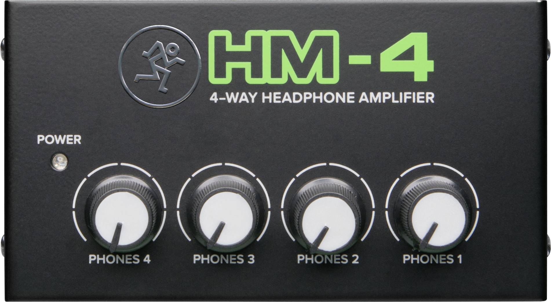 Črn ojačevalnik za slušalke z oznako 'HM-4 4-Way Headphone Amplifier'. Štirje regulatorji za 'Phones 1' do 'Phones 4'.