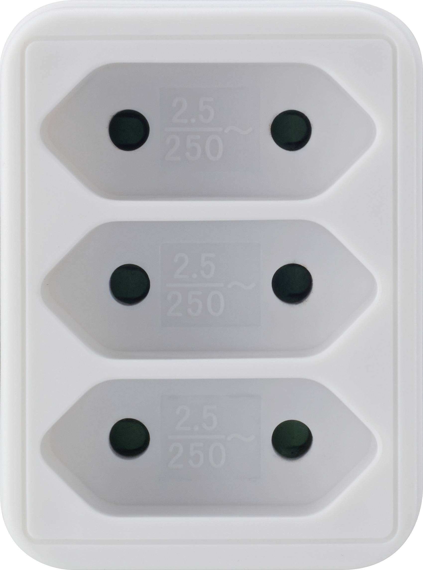 Trifazni beli adapter za vtičnice z napisom '2.5 250~' na vsakem priključku, primeren za električne naprave.