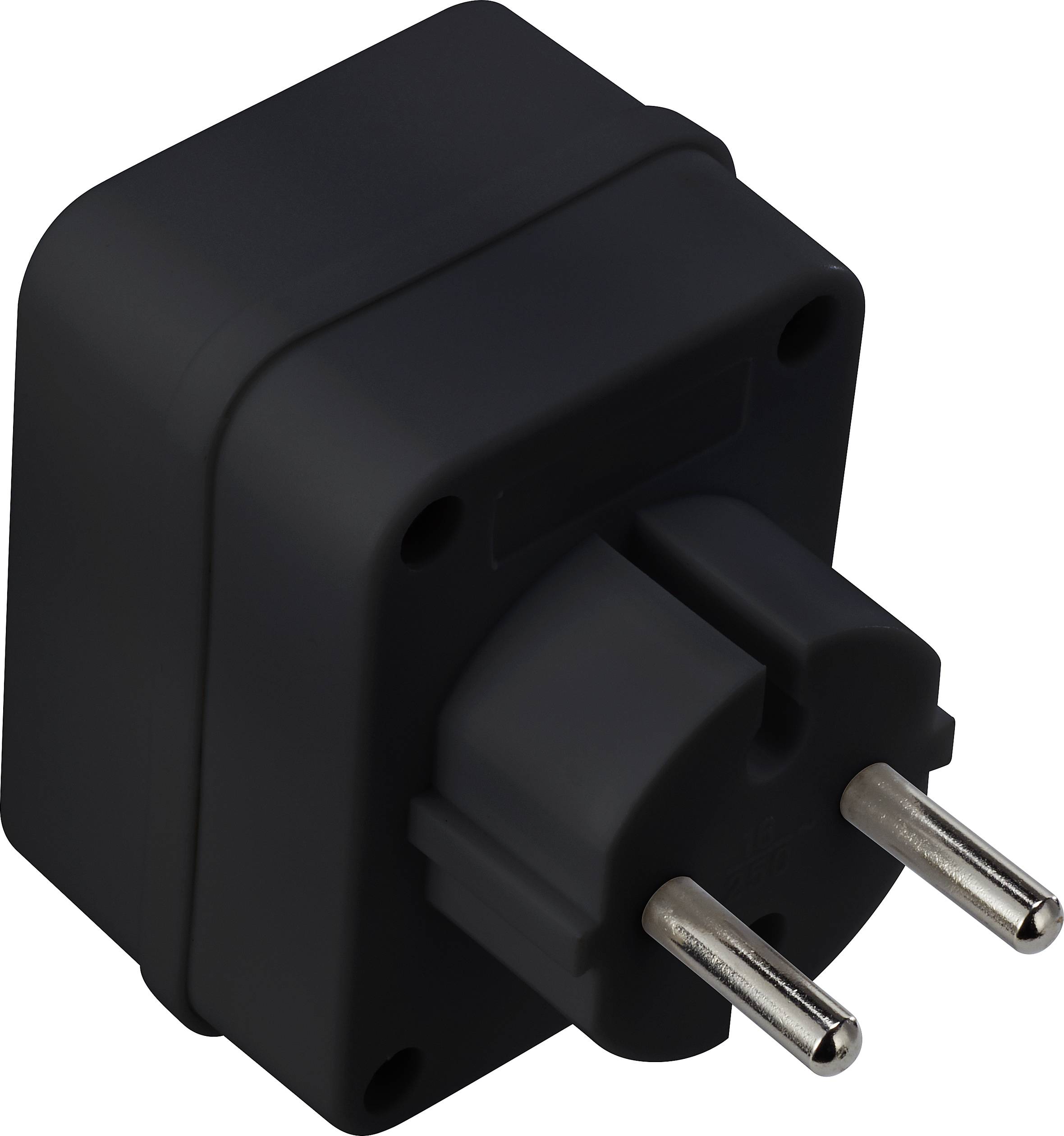Črn euroadapter z dvema kovinskima kontaktoma za priklop evropskih električnih naprav v električno vtičnico.
