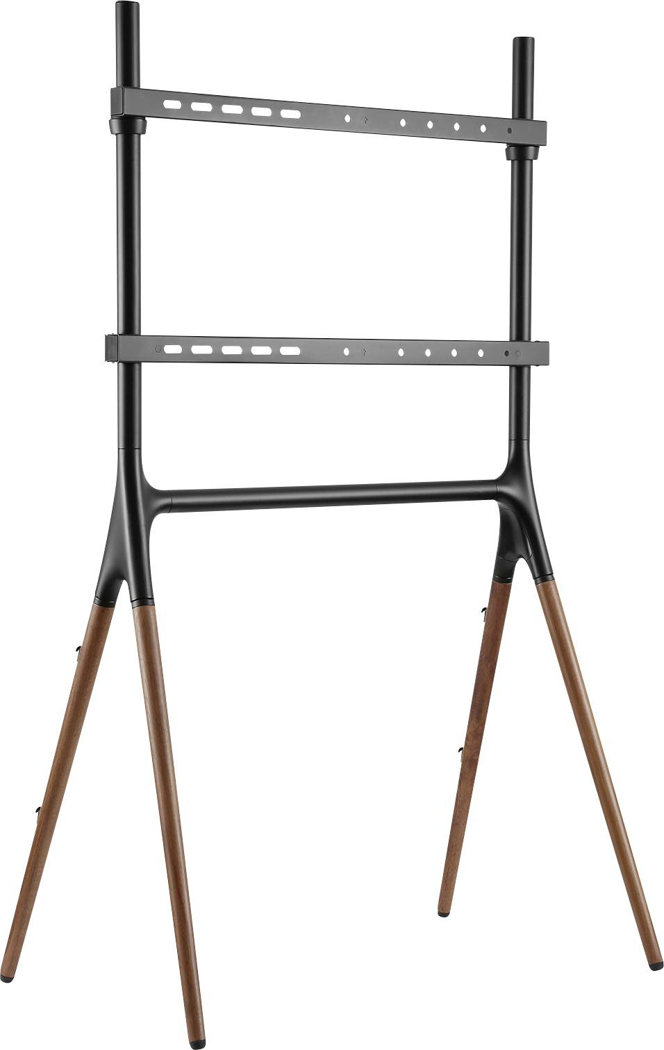 TV-stojalo s črno kovinsko konzolo in štirimi vitkimi lesenimi nogami. Sodoben, minimalistični dizajn za dnevno sobo.