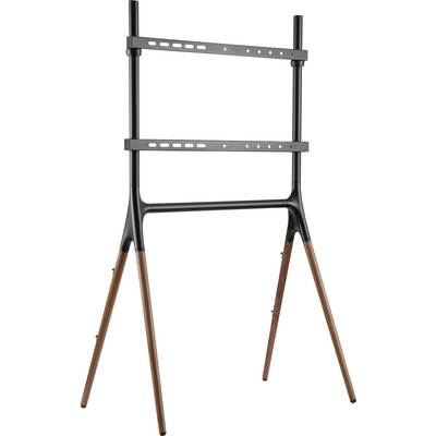 TV-stojalo s črno kovinsko konzolo in štirimi vitkimi lesenimi nogami. Sodoben, minimalistični dizajn za dnevno sobo.