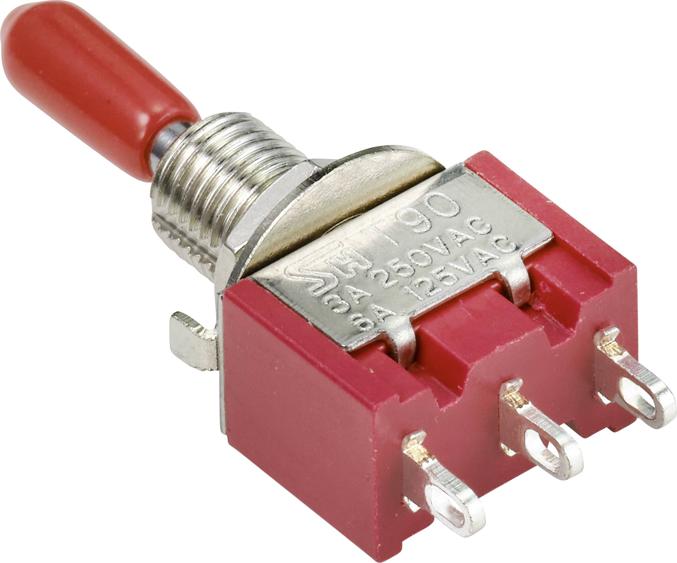 Rdeč preklopni stikalni element s tremi kovinskimi priključki, primeren za 5A 250VAC ali 3A 125VAC, na beli podlagi.