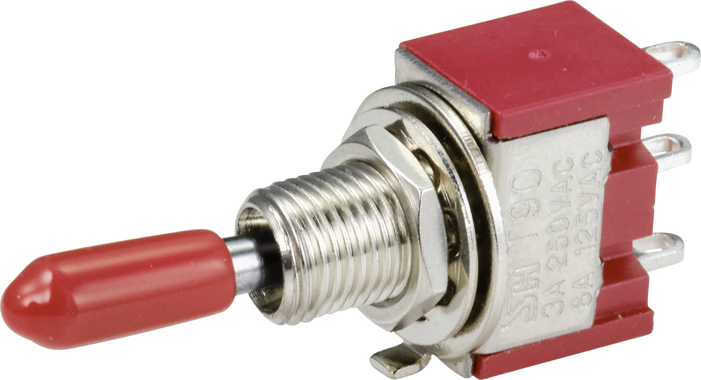 Rdeč stikalni gumb z kovinskim navojem in tremi priključnimi kontakti, značilen za elektronske naprave ali projekte za ljubiteljske elektronike.