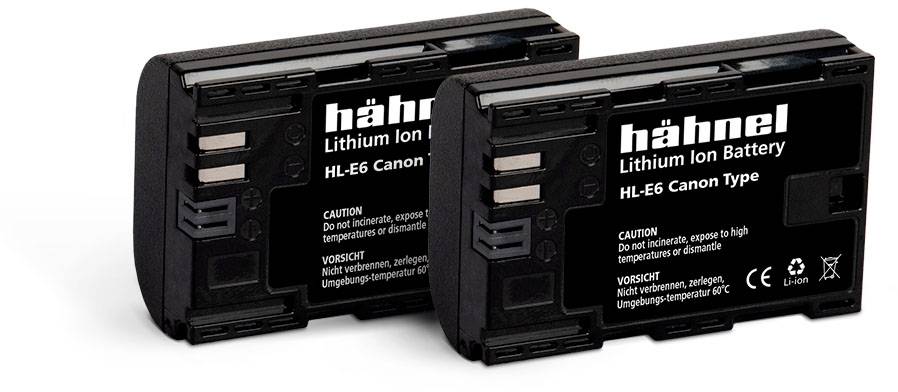 Dva polnljiva litij-ionska akumulatorja za kamere znamke Hähnel, model HL-E6, namenjeni fotoaparatom Canon.