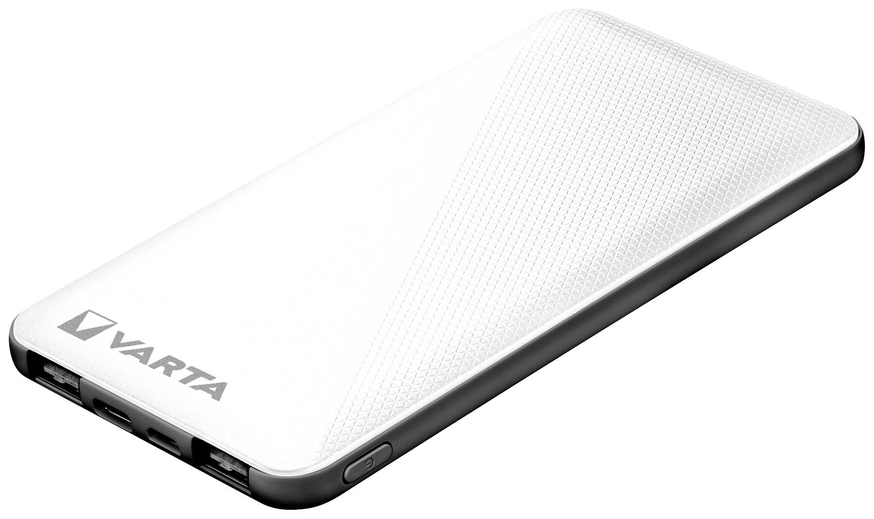 Bela powerbank z logotipom VARTA, pravokotne oblike in tanke izvedbe. Ima zaobljene vogale in priključke na strani.