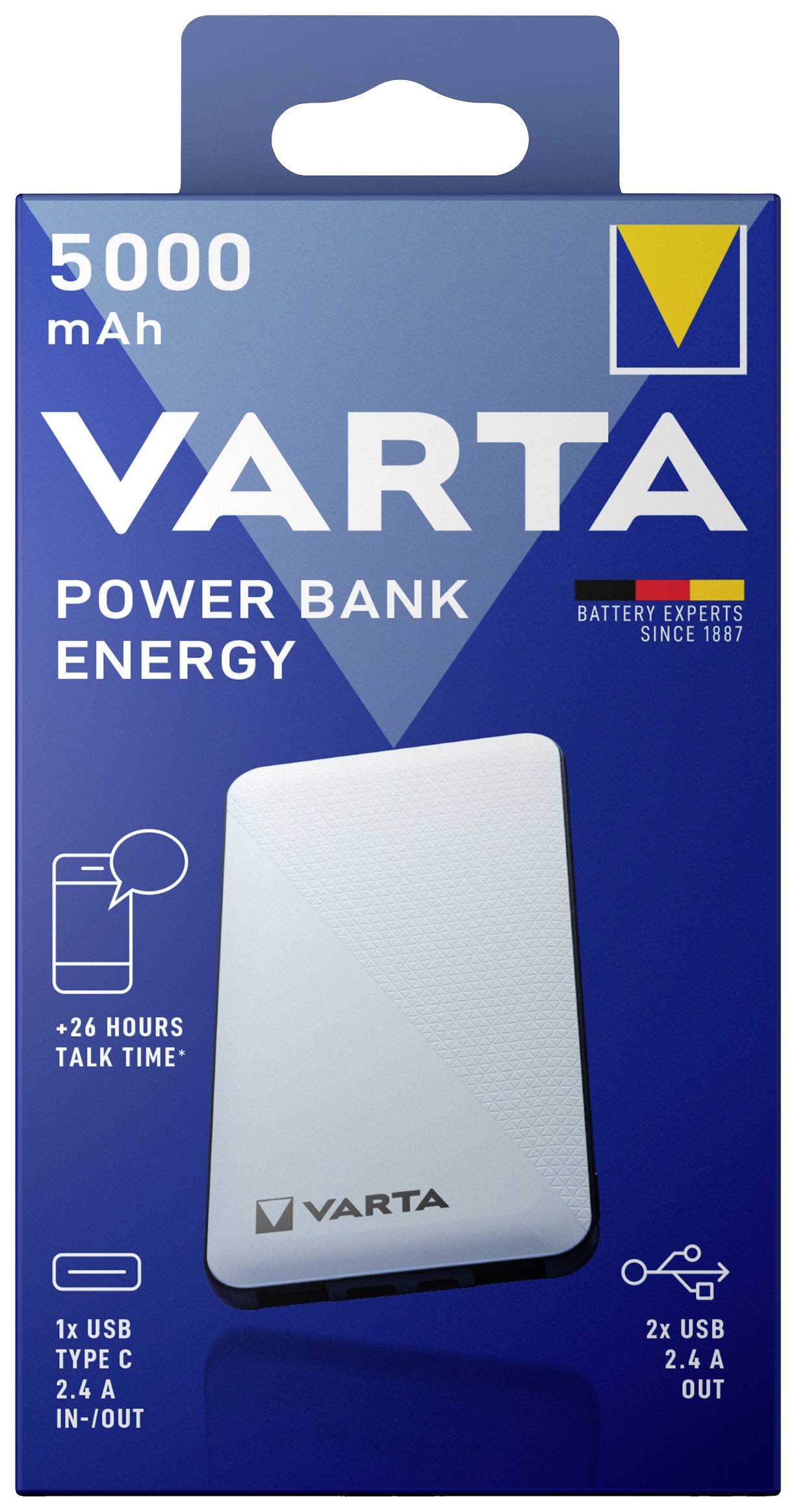 VARTA prenosna baterija. Zmogljivost 5000 mAh, USB-C in 2 USB-izhoda. Naprave lahko polni do 26 ur pogovornega časa.