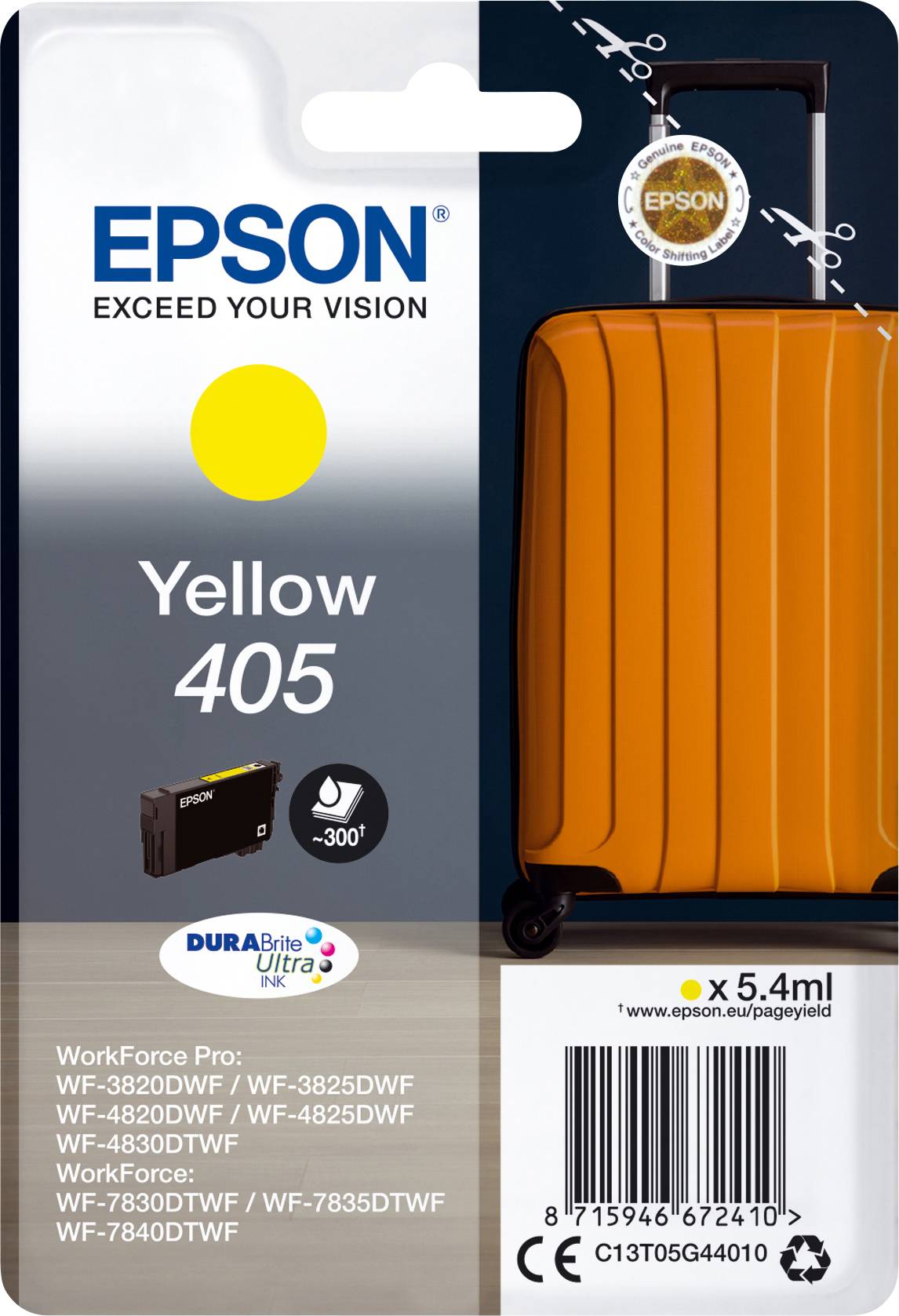'Epson Yellow 405 črnilna kartuša. 5,4 ml. Za WorkForce WF-3820DWF, WF-4820DWF in druge modele. Črnilo Durabrite Ultra.'
