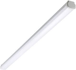 Moderna, dolga LED-svetilka z belim ohišjem, primerna za montažo na strop, prikazana v pogledu iz diagonale.