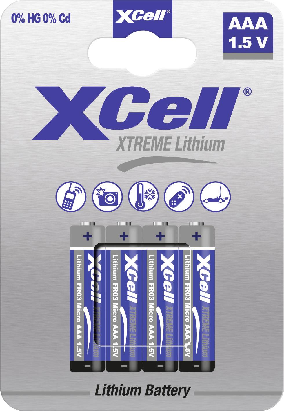 XCell XTREME litijeve AAA 1,5V baterije, pakiranja po 5 kosov' na sivi embalaži. Vsebuje simbole za okolju prijazne lastnosti.