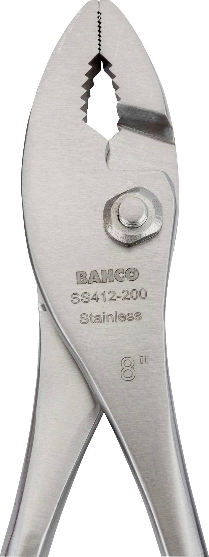 Klešče z napisom 'BAHCO SS412-200 Stainless'. Izdelane so iz nerjavečega jekla in prikazujejo zobate prijemalne površine.