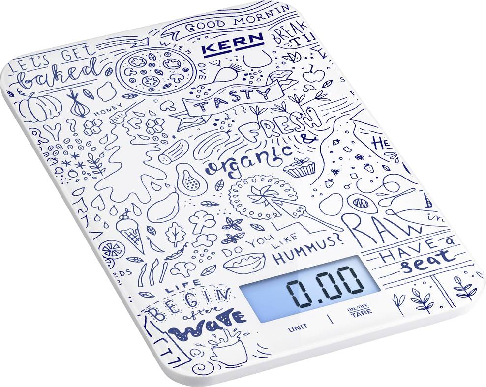 Digitalna kuhinjska tehtnica z modro, skicasto dekoracijo in zaslonom, ki prikazuje "0.00".