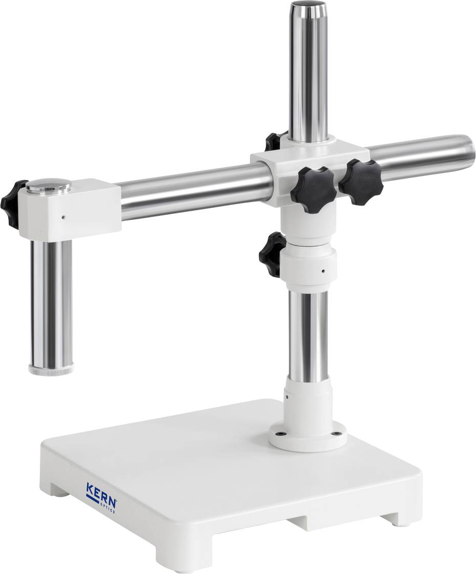 Kovinski stativ z nastavljivi rokami in gumbi, nameščen na stabilnem podnožju, primeren za profesionalne laboratorijske aplikacije.