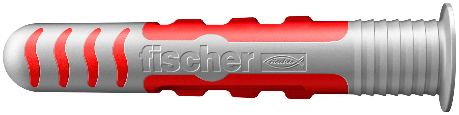 Siv in rdeč vložek Fischer z napisom 'fischer' in logotipom, namenjen pritrjevanju v stenah.