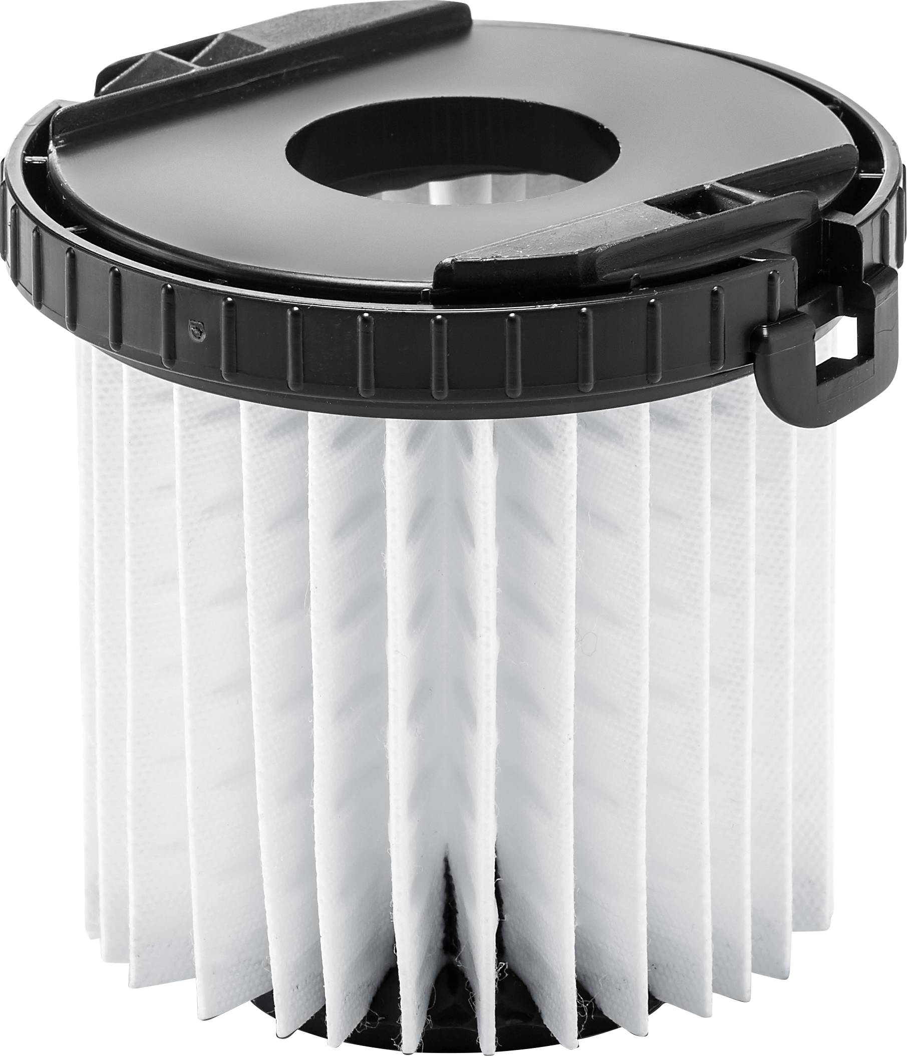 Cilindričen HEPA filter s črnim plastičnim pokrovom in belimi gubami za čiščenje zraka, izoliran na beli podlagi.