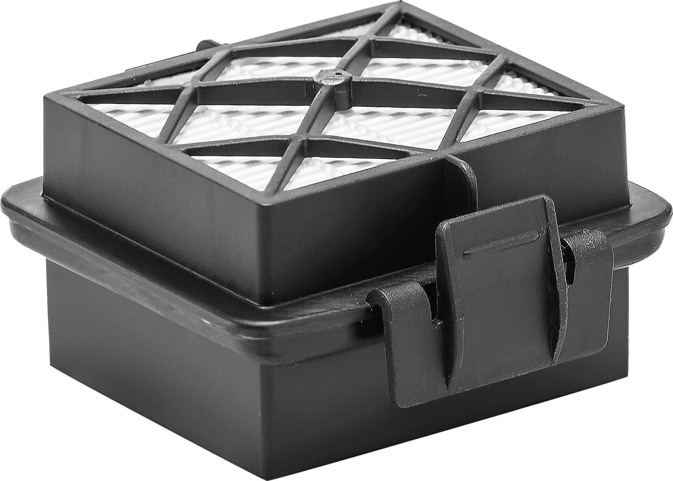 Črn filter za zrak z belim mrežastim vzorcem, ki se uporablja v napravah za izboljšanje kakovosti zraka, leži na beli podlagi.