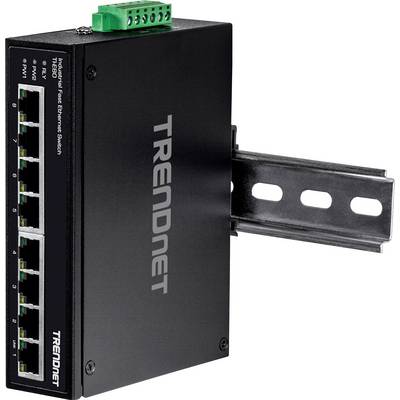 Črn TRENDnet Ethernet stikalo z več RJ-45 priključki in zelenim priključnim blokom za montažo na DIN letev.