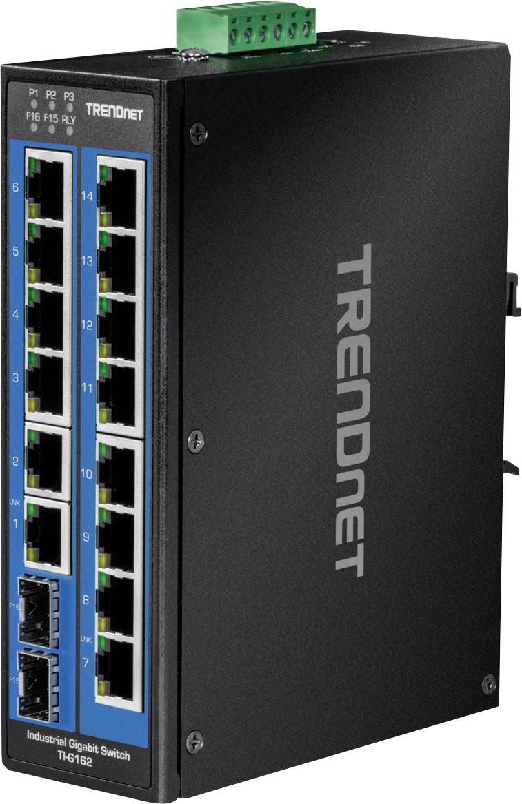 Industrijski gigabitni stikalni element TRENDnet z več ethernet priključki, primeren za uporabo v zahtevnih okoljih.