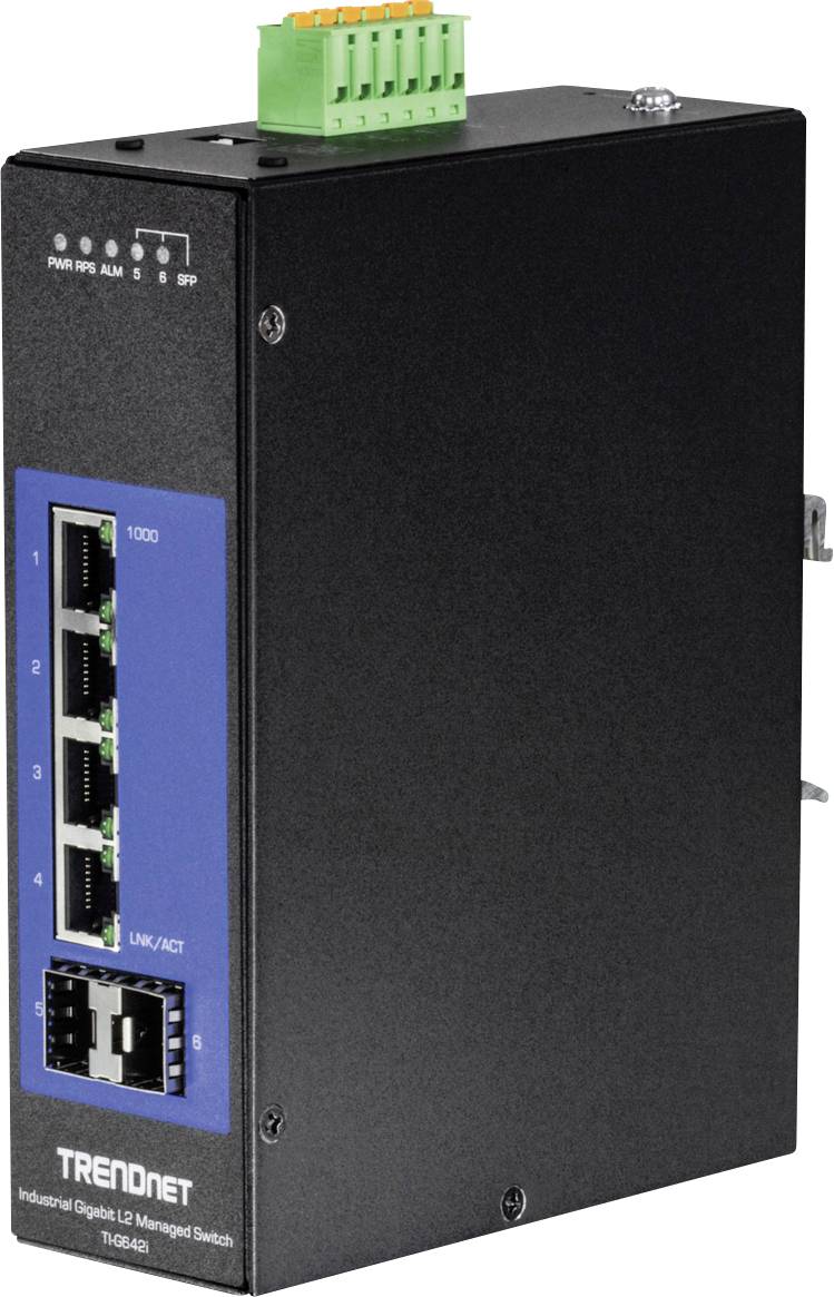 Črn industrijski gigabitni L2 upravljani stikalni element z dvema optičnima in štirimi ethernetnimi priključki. Model: TRENDnet TI-G642i.