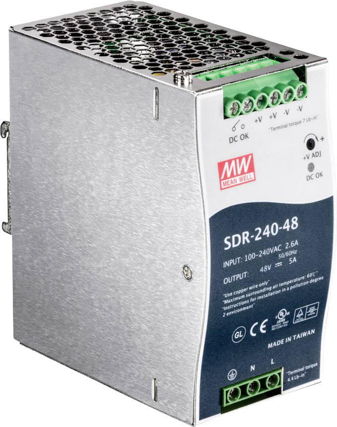 Napajalnik Mean Well SDR-240-48, vhod 100-240VAC, izhod 48V, 5A, primeren za industrijske aplikacije.