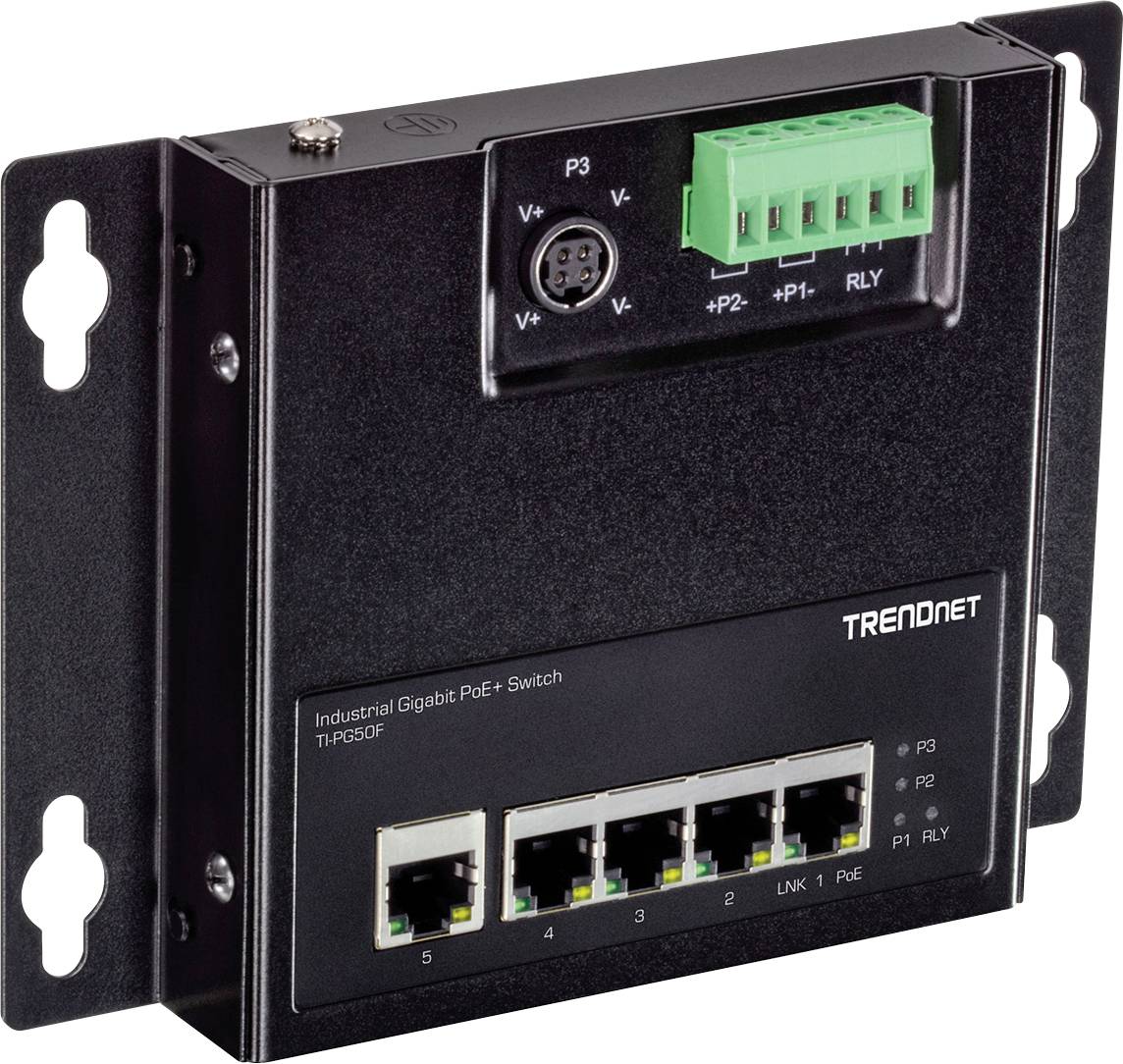 Industrijski Gigabit PoE+ stikalo podjetja TRENDnet s petimi ethernet priključki, primerno za pritrditev na stene ali elektro omare.