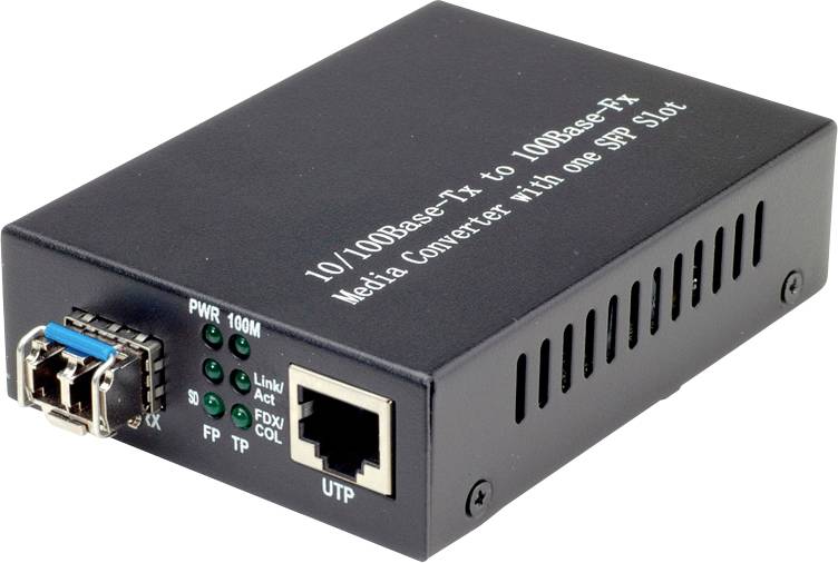 Medijski pretvornik z enim SFP slotem, 10/100Base-TX do 100Base-FX, z ethernet in optičnimi priključki, statusnimi LED-diodami na strani.