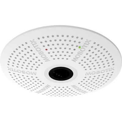 Krožna nadzorna kamera podjetja Mobotix s centralnim objektivom in mikrofonom. Dva LED-indikatorja, rdeč in zelen, na površini.