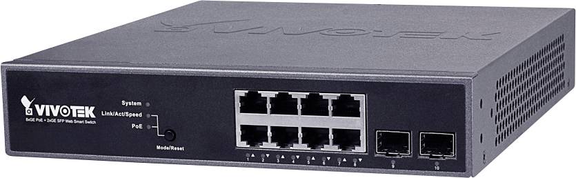 Vivotek-mrežno stikalo z osmimi Ethernet-vrati in dvema SFP-priključkoma, primerno za povezovanje več naprav v omrežju.
