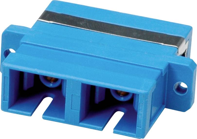 Modra, pravokotna plastična ohišje z dvema priključkoma in srebrnim trakom na vrhu, namenjena optičnim povezovalnim kablom.