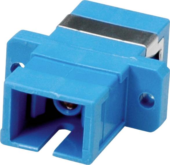 Modro optično SC-adaptersko ohišje pravokotne oblike z namestitvenimi luknjami za povezovanje optičnih vlaken.