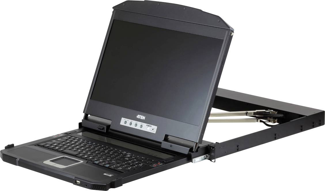 Zložljiv KVM-switch z zaslonom in tipkovnico, primeren za IT-strežniške prostore za poenostavljeno upravljanje naprav.