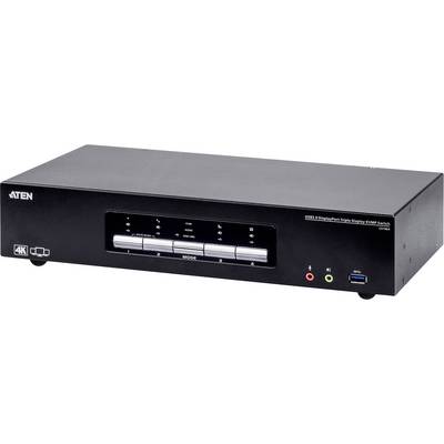 Črn KVM-stikalo znamke ATEN z več priključki, ki podpira ločljivost 4K. Sprednja stran prikazuje priključke in upravljalne gumbe.