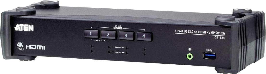 Črn 4-portni HDMI stikalni element s tipkami '1', '2', '3', '4' na sprednji strani; za prenos 4K videa, USB priključek viden.