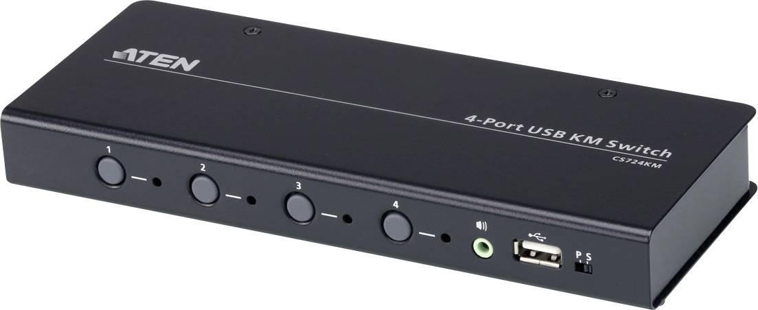 Črn 4-portni USB KM stikalni element podjetja ATEN s štirimi tipkami za izbiro, USB priključki in zvočnim priključkom spredaj, model 'CS724KM'.