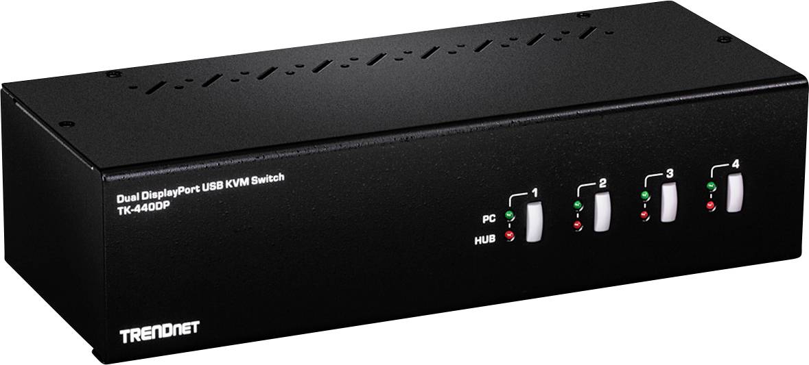 Stikalo KVM TrendNet Dual DisplayPort TK-440DP prikazuje štiri oštevilčene stikale z LED-indikatorji za upravljanje več računalnikov.