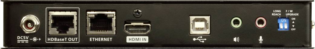 Zadnja stran elektronske naprave z HDMI izhodom, ethernet priključkom, HDMI vhodom, USB-jem, avdio priključki in stikalom.